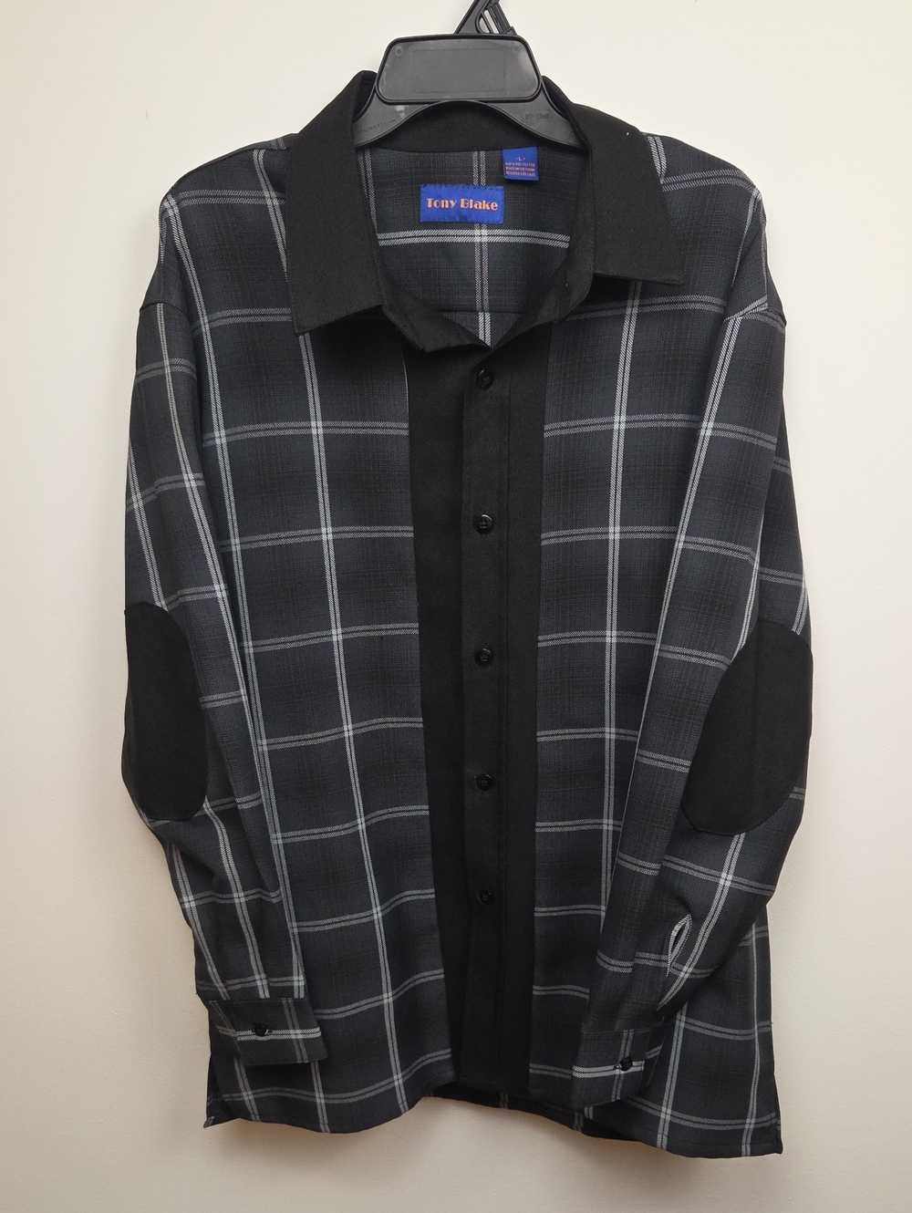 Tony Blake Mens Grey Long Sleeve Elbow Patch Plaid Panel Button Down Shirt Large